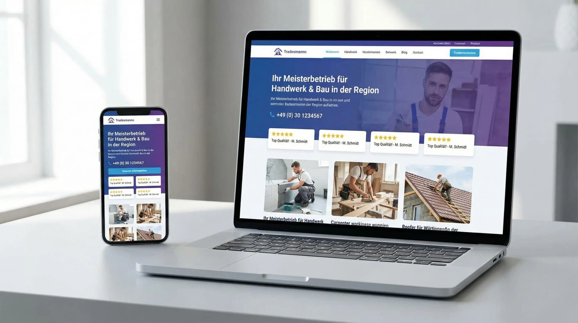 Beispiel einer professionellen Handwerker-Website auf Laptop und Smartphone
